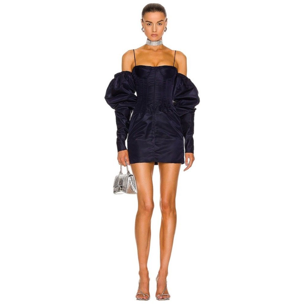 LaQuan Smith Navy Puff Sleeve Long-Sleeve Mini Dress